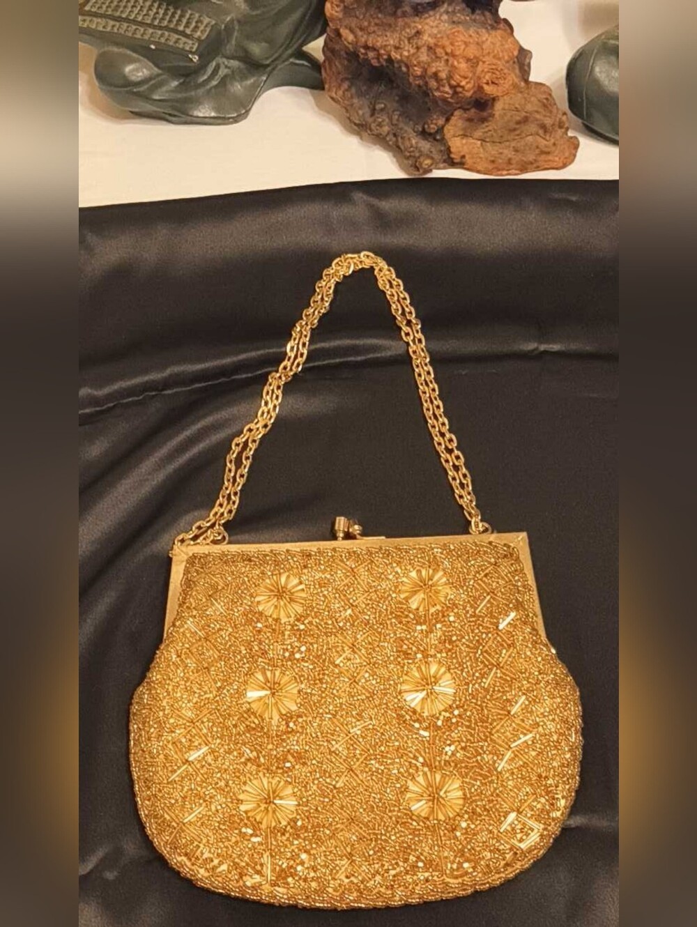 Vintage Mid Century Gold Beaded Evening Bag Clutch Clasp Bridal 1950s 1960s